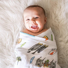 Load image into Gallery viewer, Gift Set: Los Angeles Baby Muslin Swaddle Blanket and Burp Cloth/Bib Combo - Little Hometown
