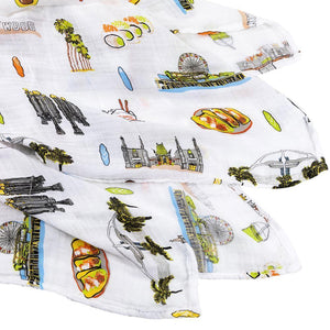 Los Angeles-themed baby gift set with muslin swaddle blanket and burp cloth, featuring iconic city landmarks.