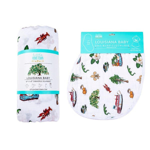 Gift Set: Louisiana Baby Muslin Swaddle Blanket and Burp Cloth/Bib Combo - Little Hometown