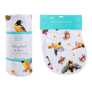 Maryland-themed baby gift set with muslin swaddle blanket and burp cloth/bib combo, featuring state icons.