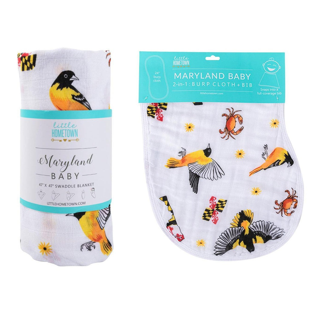 Maryland-themed baby gift set with muslin swaddle blanket and burp cloth/bib combo, featuring state icons.