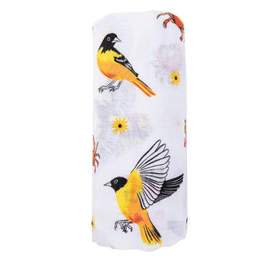 Maryland-themed baby gift set with muslin swaddle blanket and burp cloth, featuring state icons and landmarks.