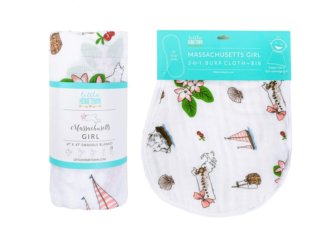 Gift Set: Massachusetts Floral Baby Muslin Swaddle Blanket and Burp Cloth/Bib Combo - Little Hometown