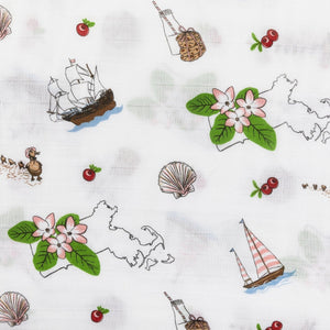 Massachusetts-themed baby swaddle and burp cloth set with floral designs, featuring state map and landmarks.