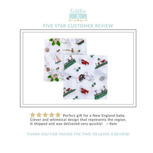 Massachusetts-themed floral baby muslin swaddle blanket and burp cloth set, featuring delicate pink and green flowers.