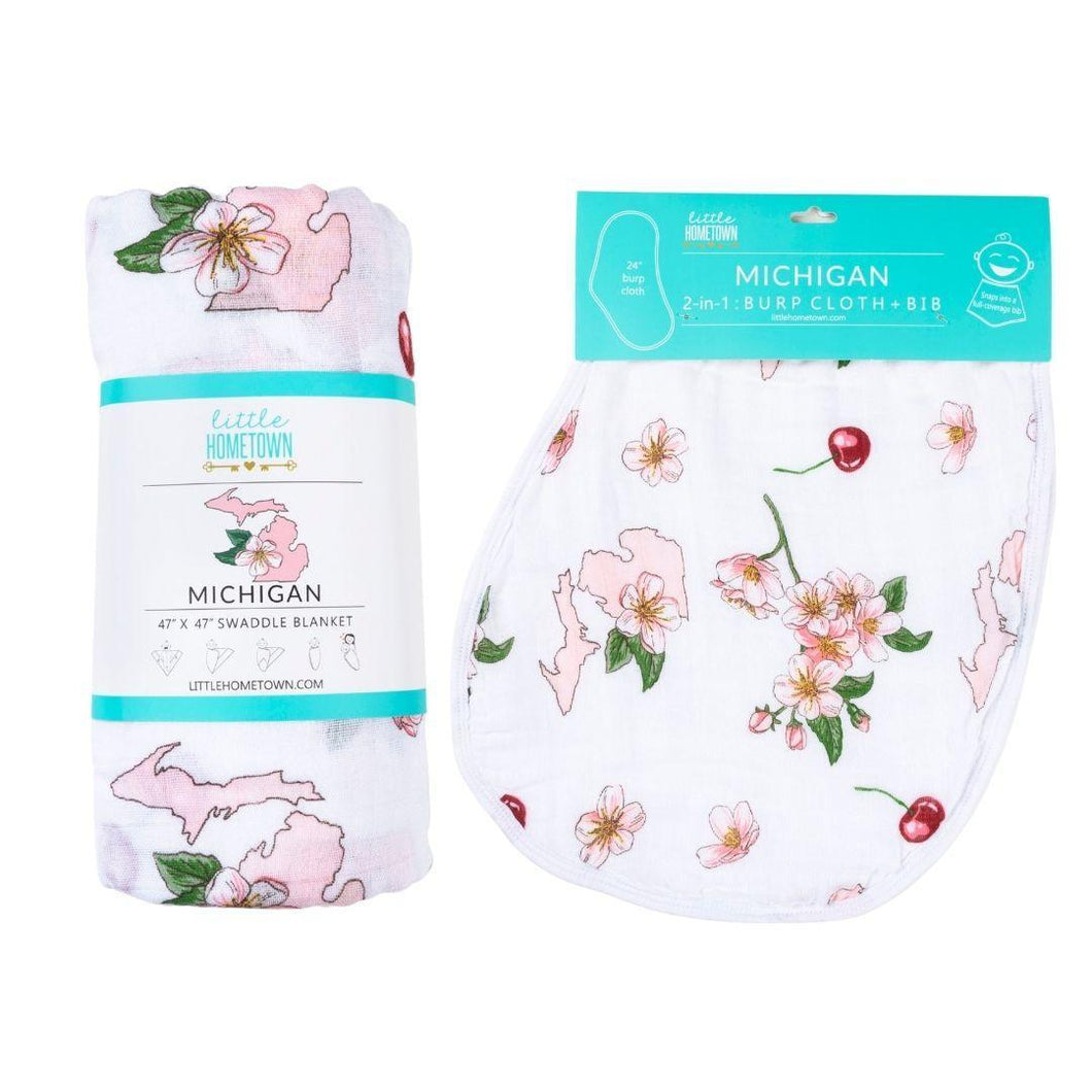 Gift Set: Michigan Baby Muslin Swaddle Blanket and Burp Cloth/Bib Combo (Floral) - Little Hometown