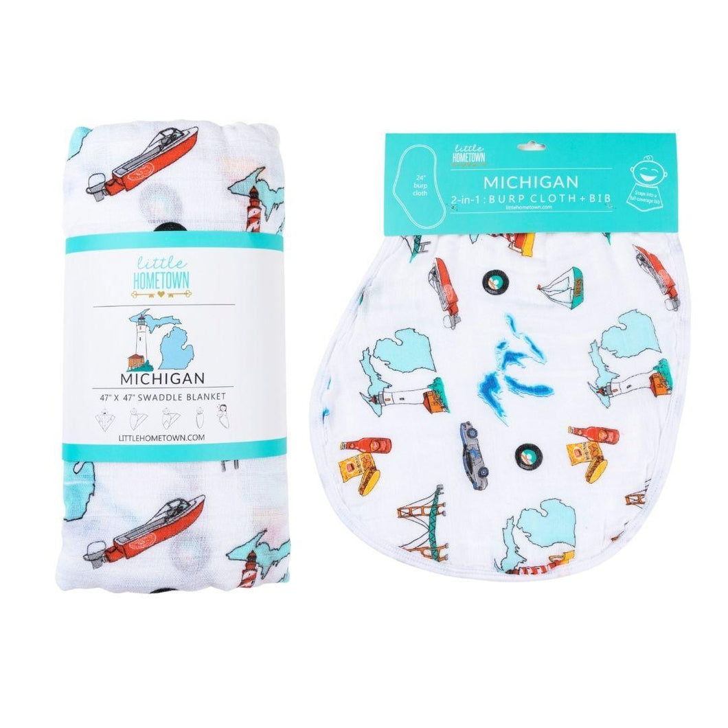 Gift Set: Michigan Baby Muslin Swaddle Blanket and Burp Cloth/Bib Combo - Little Hometown