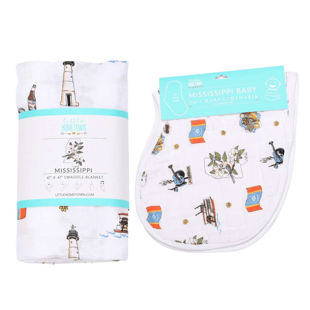 Gift Set: Mississippi Muslin Swaddle Baby Blanket and Burp Cloth/Bib Combo - Little Hometown