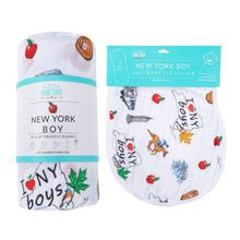 Load image into Gallery viewer, Gift Set: New York Baby Boy Muslin Swaddle Blanket and Burp Cloth/Bib Combo - Little Hometown
