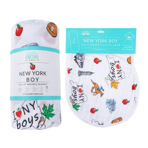 Gift Set: New York Baby Boy Muslin Swaddle Blanket and Burp Cloth/Bib Combo - Little Hometown