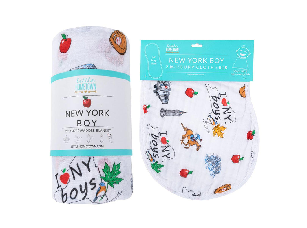 Gift Set: New York Baby Boy Muslin Swaddle Blanket and Burp Cloth/Bib Combo - Little Hometown