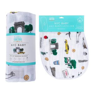 Gift Set: New York City Baby Muslin Swaddle Blanket and Burp Cloth/Bib Combo - Little Hometown