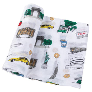 Gift Set: New York City Baby Muslin Swaddle Blanket and Burp Cloth/Bib Combo - Little Hometown