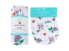 Load image into Gallery viewer, Gift Set: New York Girl Baby Muslin Swaddle Blanket and Burp Cloth/Bib Combo - Little Hometown
