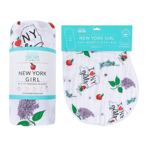 Gift Set: New York Girl Baby Muslin Swaddle Blanket and Burp Cloth/Bib Combo - Little Hometown