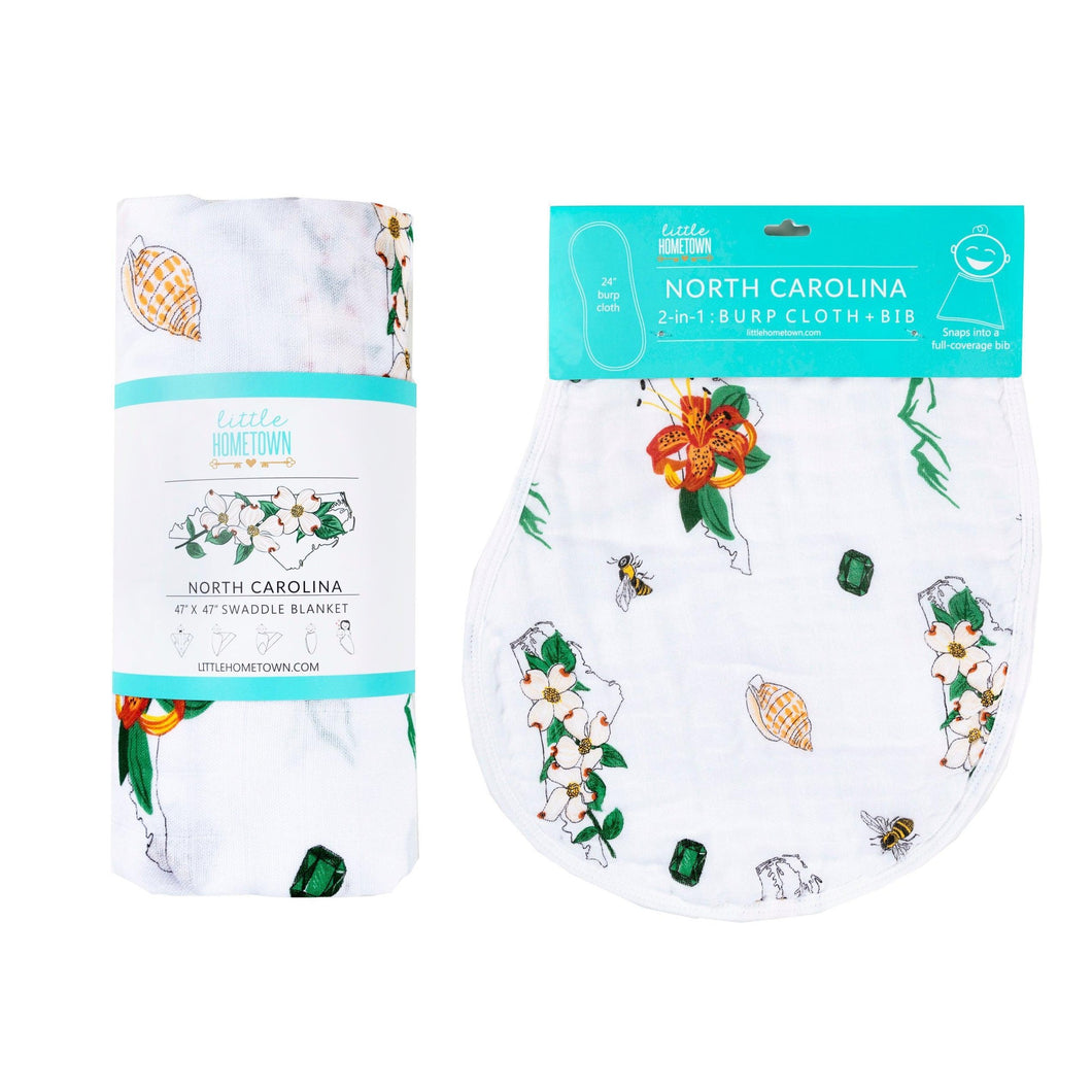 Gift Set: North Carolina Baby Muslin Swaddle Blanket and Burp Cloth/Bib Combo (Floral) - Little Hometown