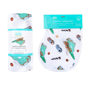 Gift Set: North Carolina Baby Muslin Swaddle Blanket and Burp Cloth/Bib Combo - Little Hometown