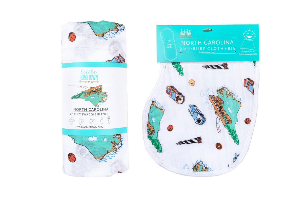 Gift Set: North Carolina Baby Muslin Swaddle Blanket and Burp Cloth/Bib Combo - Little Hometown