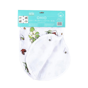 Ohio-themed baby gift set with floral muslin swaddle, receiving blanket, and burp bib, all neatly arranged.