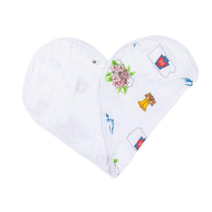 Pennsylvania-themed baby gift set with muslin swaddle blanket and burp cloth, featuring state icons and landmarks.