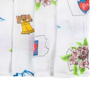 Pennsylvania-themed baby gift set with muslin swaddle blanket and burp cloth/bib combo, featuring state icons.