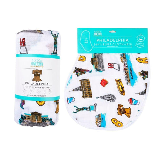 Gift Set: Philadelphia Baby Muslin Swaddle Blanket and Burp Cloth/Bib Combo - Little Hometown