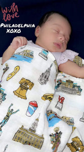 Gift Set: Philadelphia Baby Muslin Swaddle Blanket and Burp Cloth/Bib Combo - Little Hometown