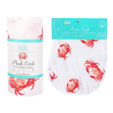 Load image into Gallery viewer, Gift Set: Pink Crab Baby Muslin Swaddle Blanket and Burp Cloth/Bib Combo - Little Hometown
