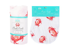 Load image into Gallery viewer, Gift Set: Pink Crab Baby Muslin Swaddle Blanket and Burp Cloth/Bib Combo - Little Hometown
