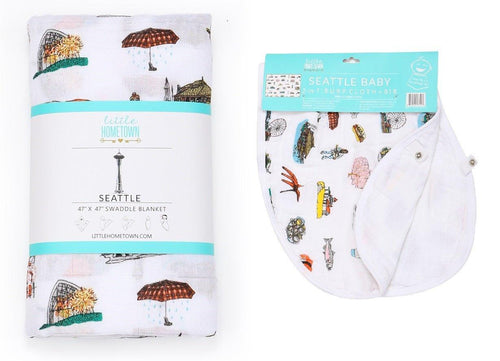 Gift Set: Seattle Baby Muslin Swaddle Blanket and Burp Cloth/Bib Combo - Little Hometown