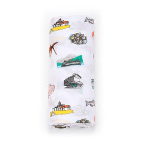 Seattle-themed baby gift set with muslin swaddle blanket and burp cloth/bib combo, featuring city icons.