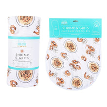 Load image into Gallery viewer, Gift Set: Shrimp&#39;n Grits Baby Muslin Swaddle Blanket and Burp Cloth/Bib Combo - Little Hometown
