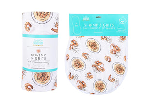 Gift Set: Shrimp'n Grits Baby Muslin Swaddle Blanket and Burp Cloth/Bib Combo - Little Hometown