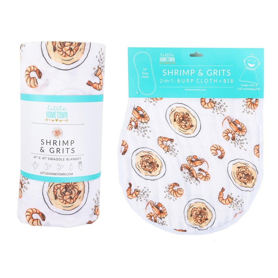 Gift Set: Shrimp'n Grits Baby Muslin Swaddle Blanket and Burp Cloth/Bib Combo - Little Hometown