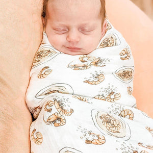 Gift Set: Shrimp'n Grits Baby Muslin Swaddle Blanket and Burp Cloth/Bib Combo - Little Hometown