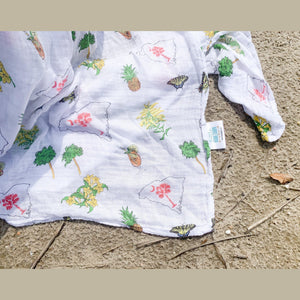 South Carolina-themed baby gift set with muslin swaddle blanket and burp cloth, featuring state icons and text.
