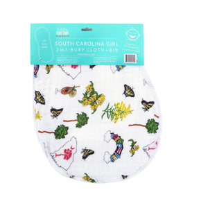 South Carolina-themed baby gift set with muslin swaddle blanket and burp cloth/bib combo, featuring state icons.