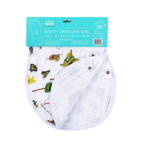 South Carolina-themed baby gift set with muslin swaddle blanket and burp cloth, featuring state icons and text.
