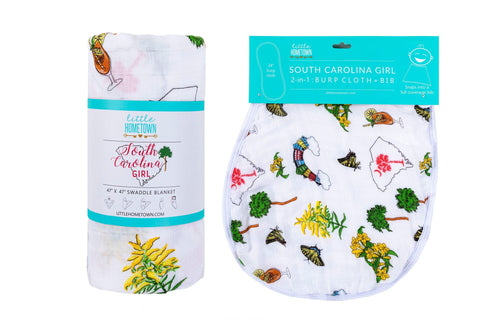 Gift Set: South Carolina Girl Baby Muslin Swaddle Blanket and Burp Cloth/Bib Combo - Little Hometown