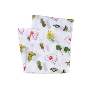 South Carolina-themed baby gift set with muslin swaddle blanket and burp cloth/bib combo, featuring state icons.