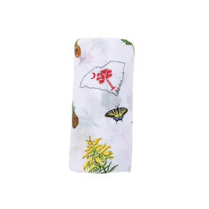 South Carolina-themed baby gift set with muslin swaddle blanket and burp cloth/bib combo, featuring state icons.
