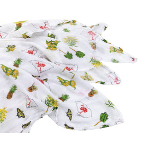 South Carolina-themed baby gift set with muslin swaddle blanket and burp cloth, featuring state icons and text.