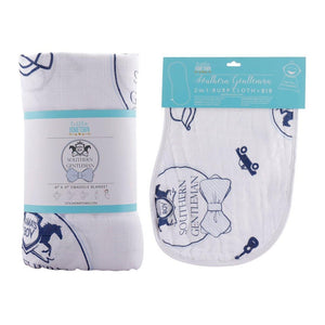 Gift Set: Southern Gentleman Baby Muslin Swaddle Blanket and Burp Cloth/Bib Combo - Little Hometown