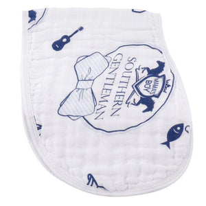 Southern Gentleman baby gift set with muslin swaddle blanket and burp cloth, featuring a charming bow tie pattern.