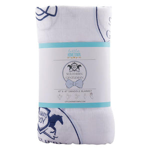 Southern Gentleman baby gift set with muslin swaddle blanket and burp cloth/bib combo, featuring a bowtie design.