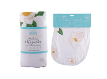 Load image into Gallery viewer, Gift Set: Southern Magnolia Baby Muslin Swaddle Blanket and Burp Cloth/Bib Combo - Little Hometown
