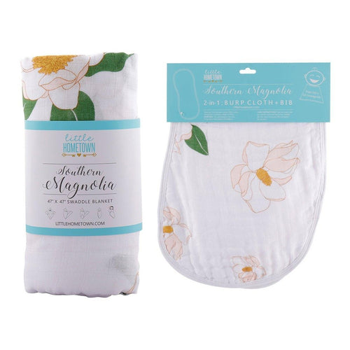 Southern Magnolia baby muslin swaddle blanket and burp cloth/bib combo, featuring delicate floral patterns.