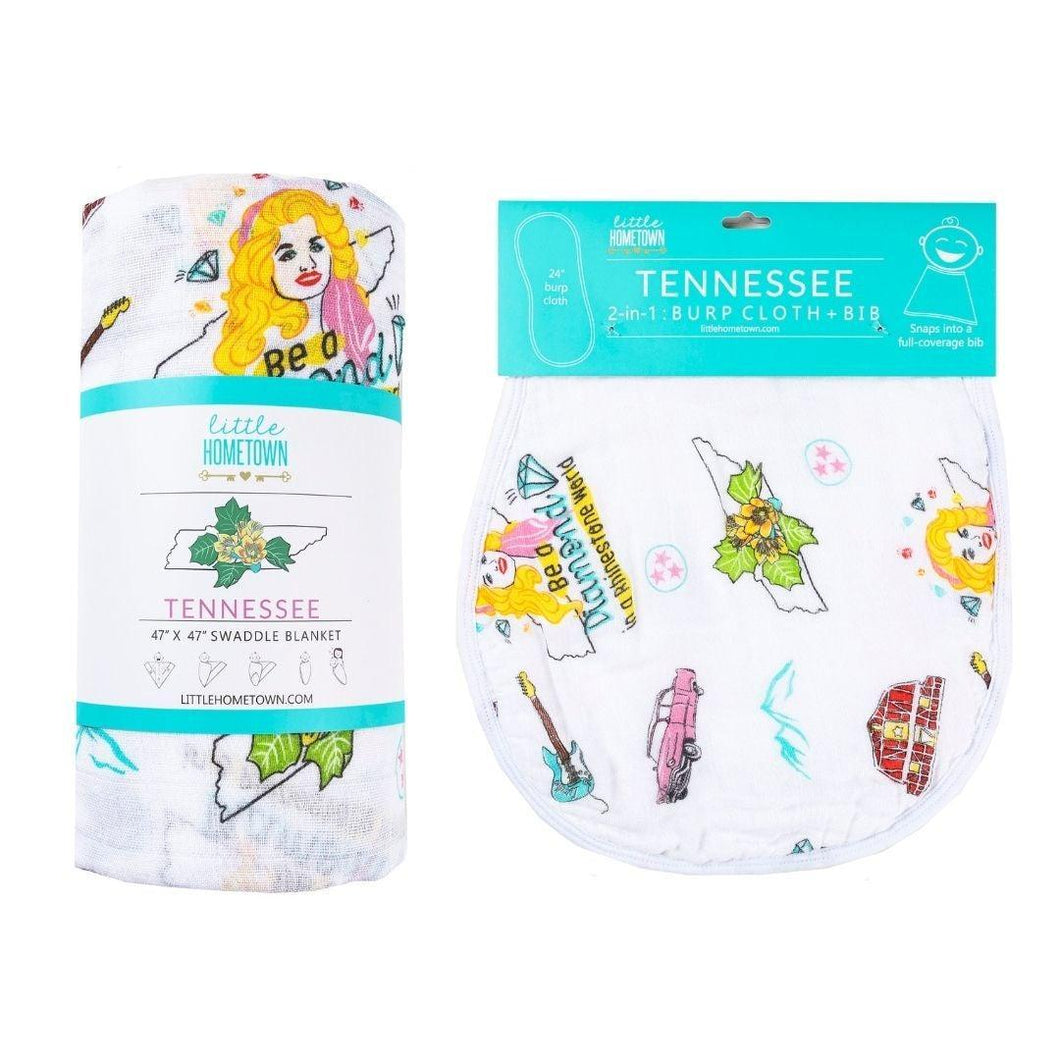 Gift Set: Tennessee Baby Muslin Swaddle Blanket and Burp Cloth/Bib Combo (Floral) - Little Hometown