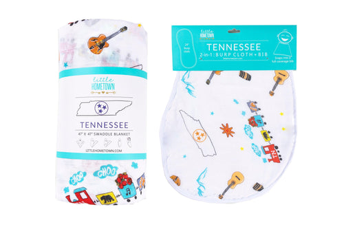 Gift Set: Tennessee Baby Muslin Swaddle Blanket and Burp Cloth/Bib Combo - Little Hometown