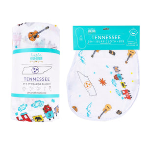 Gift Set: Tennessee Baby Muslin Swaddle Blanket and Burp Cloth/Bib Combo - Little Hometown